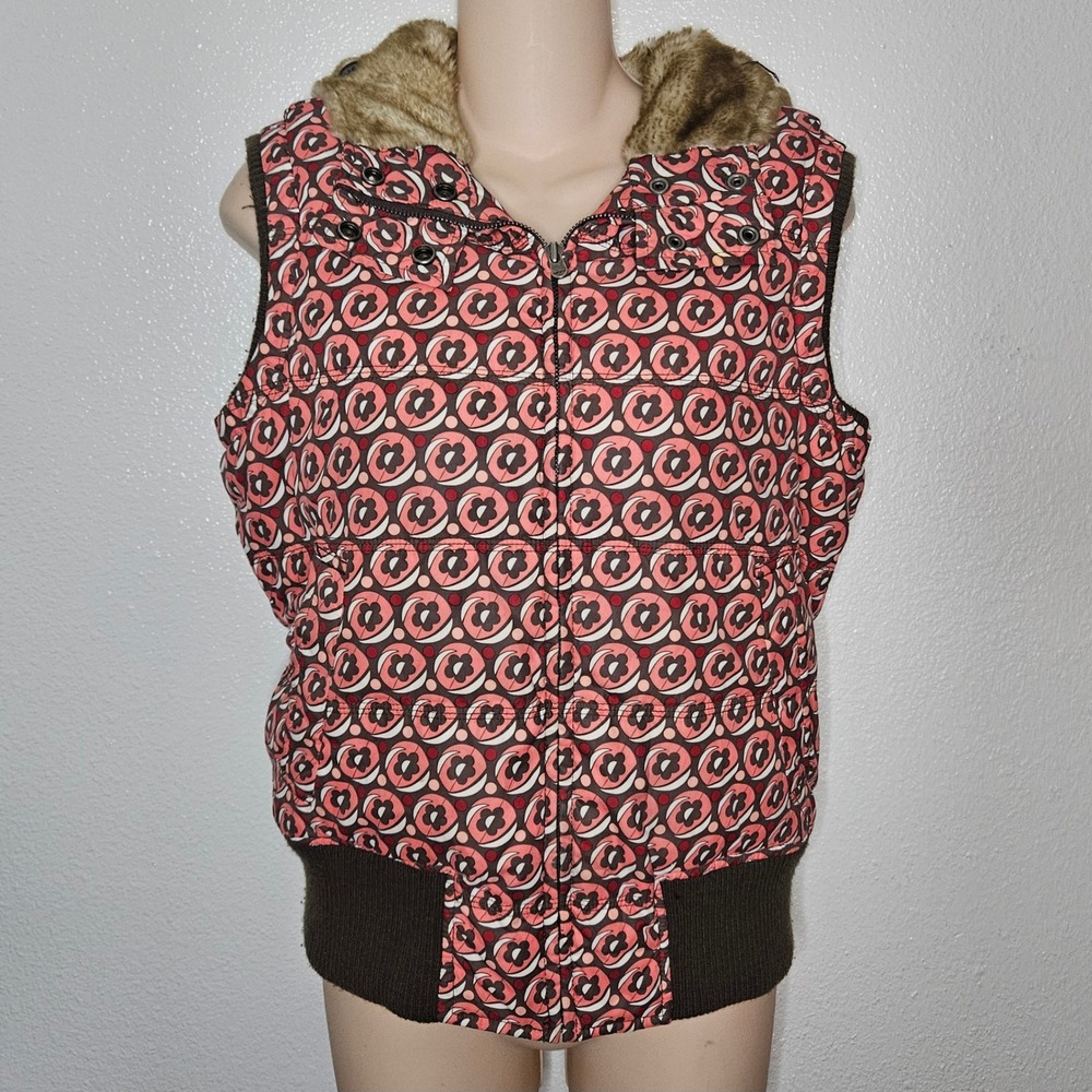 Aeropostale Puffer Vest Pink Brown Floral Print Faux Fur‎ Hood